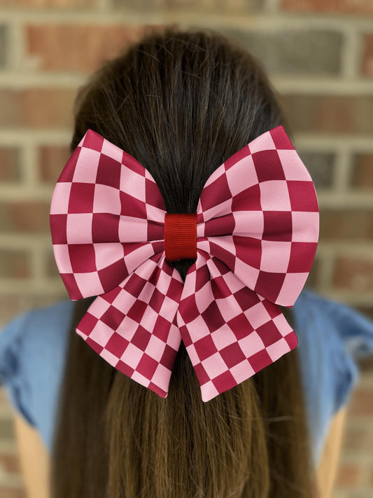 Blush Checkmate Hair Bow • Classic Pink Burgundy Checkerboard • Girl Hair Bow • Women Hair Bow • Handmade