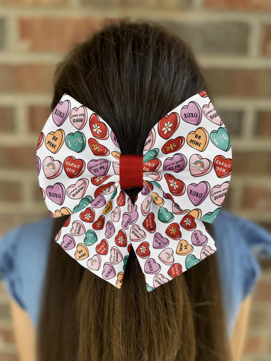 Valentine's Day Candy Heart Hair Bow • Colorful Sweetheart Pattern • Retro Modern Style • Girl Hair Bow • Women Hair Bow • Handmade