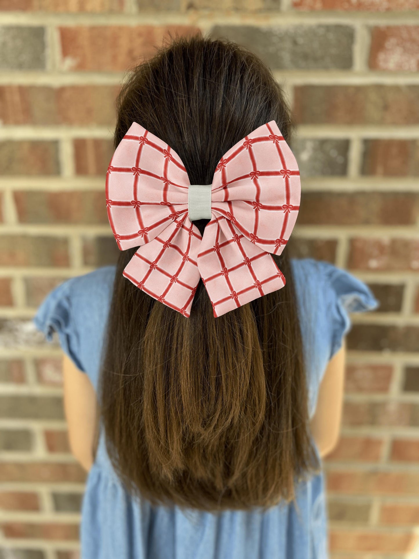 Gifted Love Hair Bow • Red Grid & Bow Pattern on Warm Coral-Pink Background • Girl Hair Bow • Women Hair Bow • Handmade