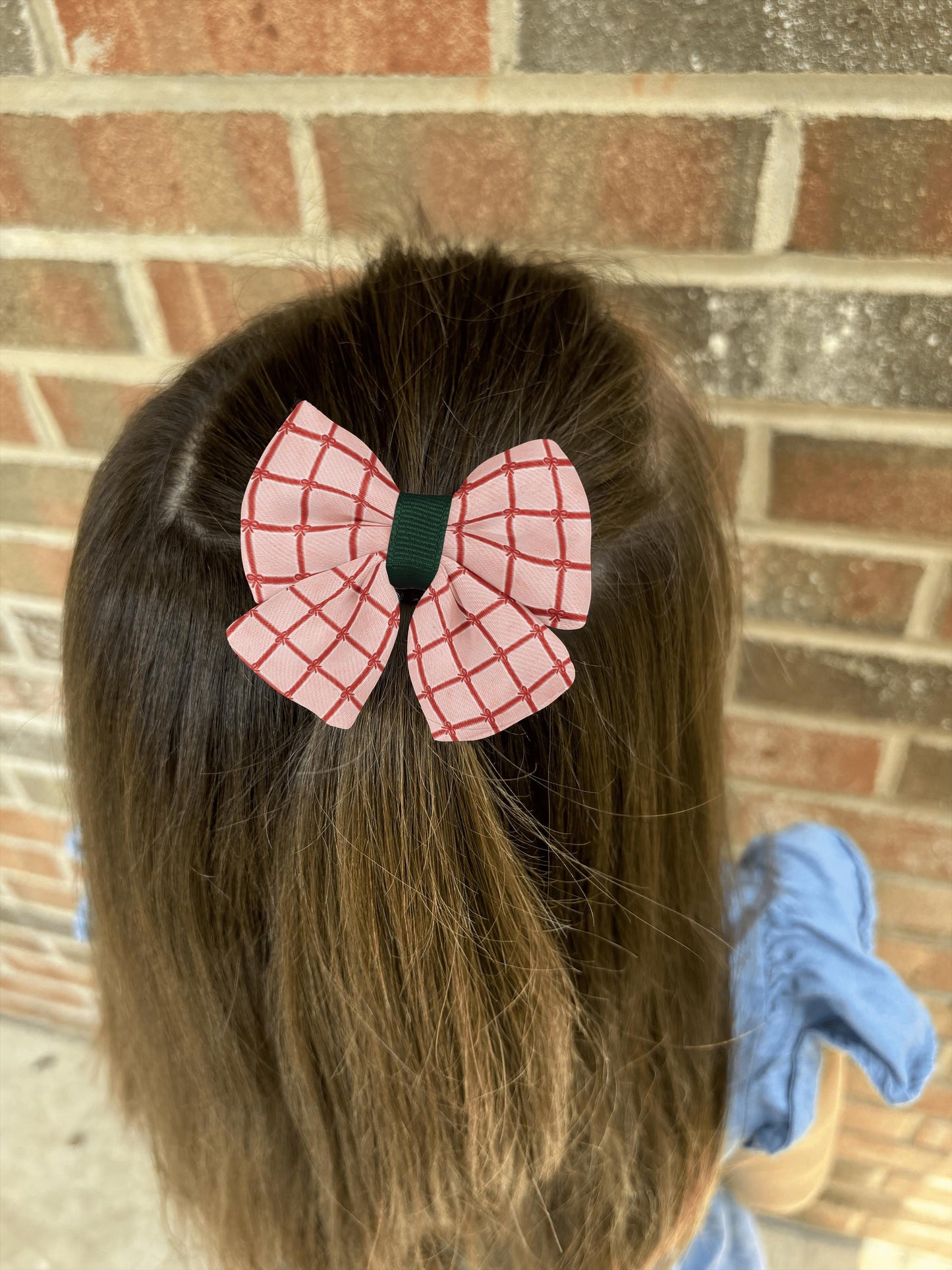 Gifted Love Hair Bow • Red Grid & Bow Pattern on Warm Coral-Pink Background • Girl Hair Bow • Women Hair Bow • Handmade