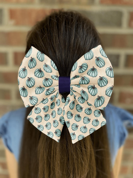 Tranquil Fall Pumpkin Hair Bow • Watercolor Blue-Green Pastel Pumpkins on Beige • Girl Hair Bow • Women Hair Bow • Handmade