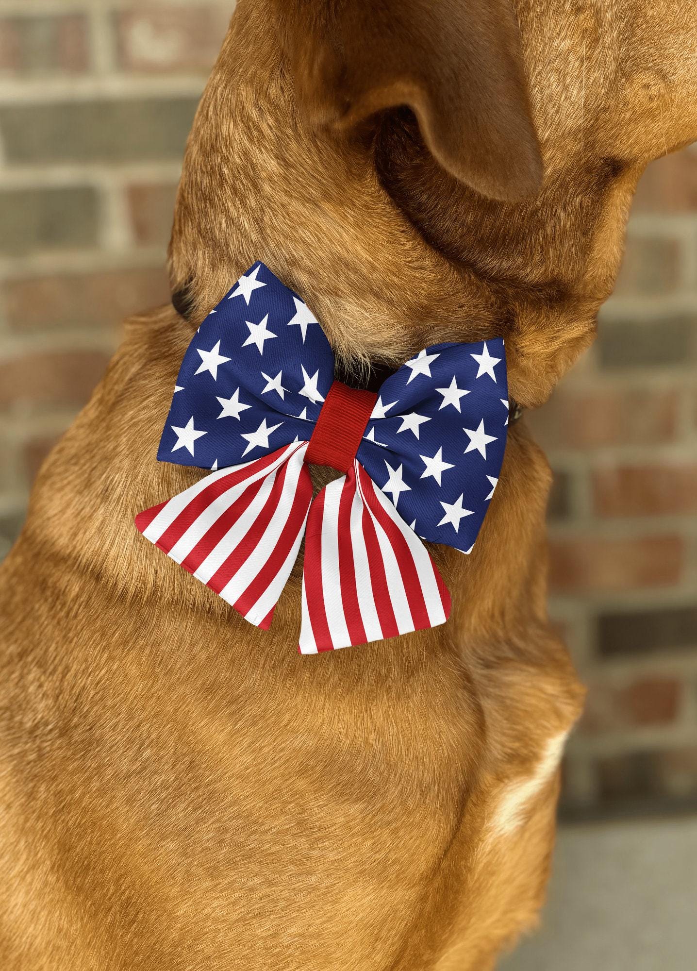 American Flag Pet Bow Tie • Patriotic, Adjustable, Handmade Puffy Design • Dog Bow Tie • Cat Bow Tie • Slip-On Bow • Handmade