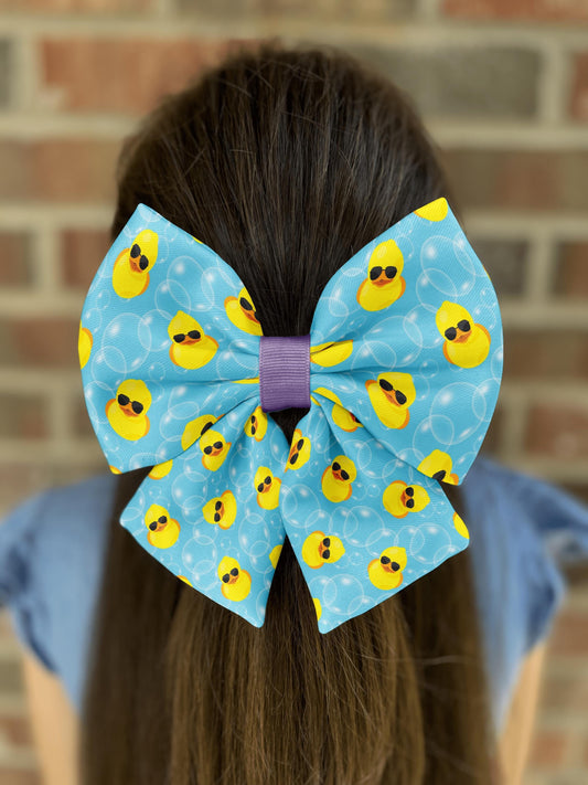 Cool Duckies Hair Bow • Yellow Rubber Ducks with Sunglasses on Blue Fabric • 21 Ribbon Colors • Girl Hair Bow • Women Hair Bow • Handmade