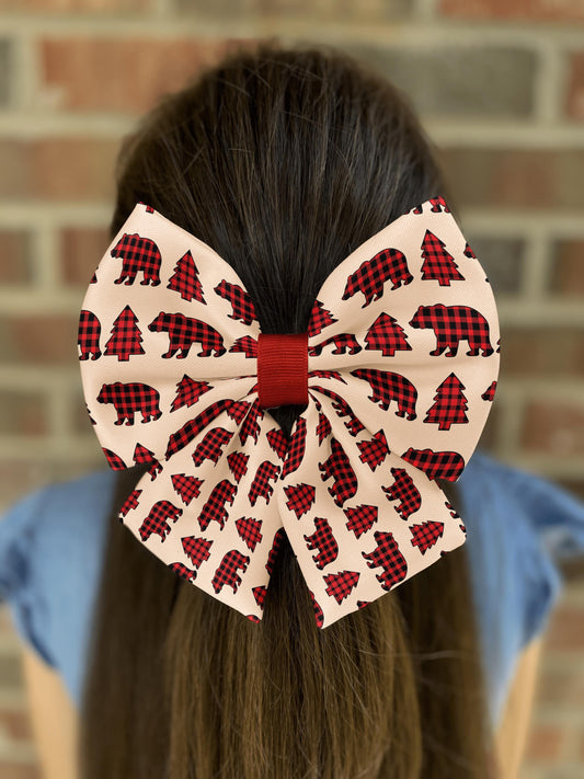 Buffalo Plaid Woodland Hair Bow for Girls & Women • Cozy Rustic Bear and Pine Tree • 21 Ribbons • Girl Hair Bow • Women Hair Bow • Handmade