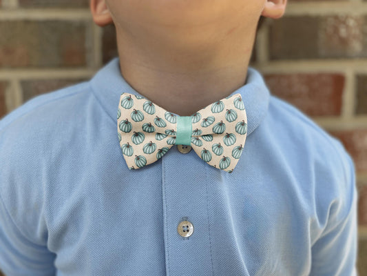 Tranquil Fall Pumpkin Bow Tie • Elegant Watercolor Blue-Green Pumpkin Pattern • 21 Ribbon Colors • Boy Bow Tie • Men's Bow Tie • Handmade