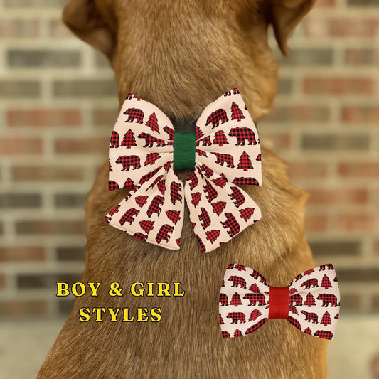 Buffalo Plaid Woodland Pet Bow Tie • Rustic Lumberjack Bear & Tree Pattern • Cozy Plaid Accessory • Dog Bow Tie • Cat Bow Tie • Handmade