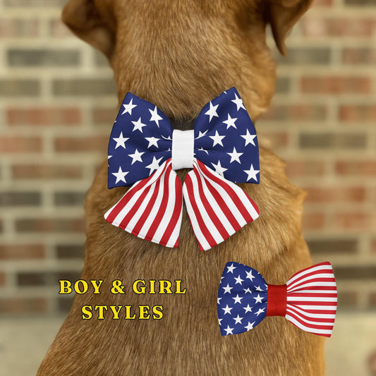 American Flag Pet Bow Tie • Patriotic, Adjustable, Handmade Puffy Design • Dog Bow Tie • Cat Bow Tie • Slip-On Bow • Handmade