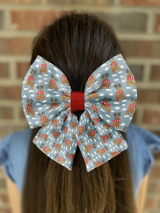 Whimsical Winter Reindeer Hair Bow with Festive Scarf Design • 21 Ribbon Colors • Girl Hair Bow • Women Hair Bow • Handmade